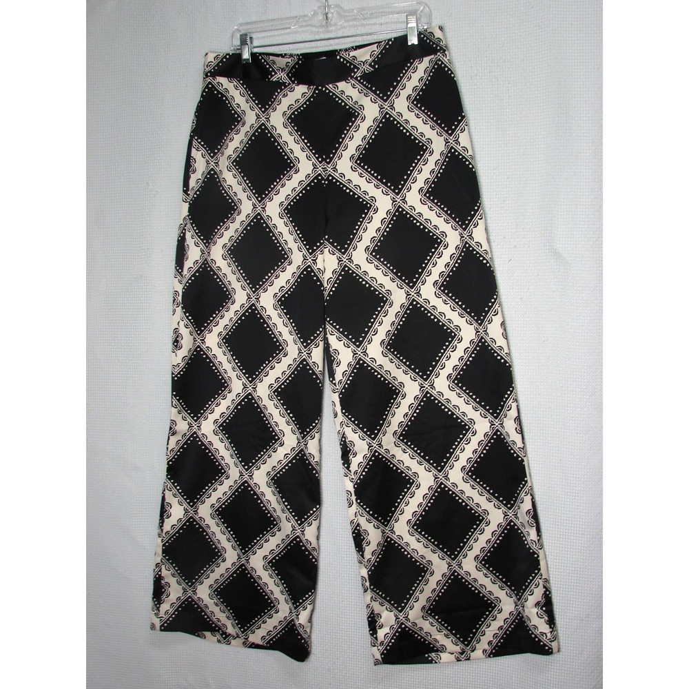 New LOFT Outlet Wide Leg Pants Sz L Black Creme Diamond Print Modern Classic